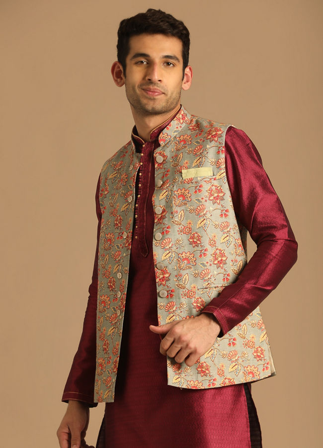 alt message - Manyavar Men Grey Jacket With Multicolor Floral Prints image number 0